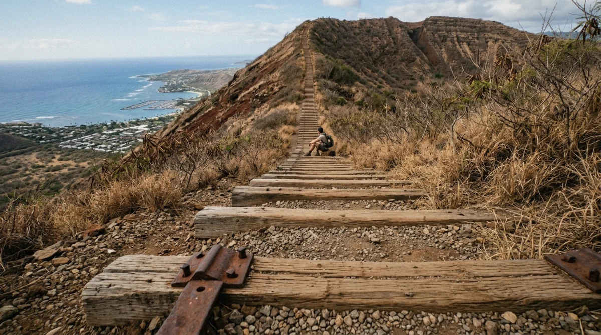 The wooden tramway steps climbing Koko Crater on an Oahu volcano tour hike above Hawaii Kai, Oahu