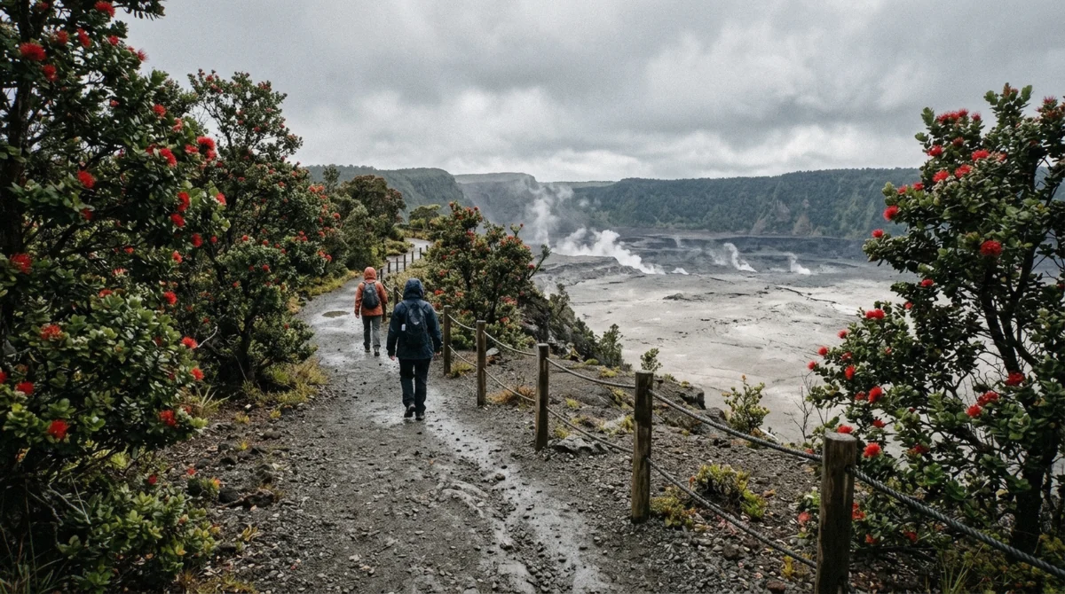 The Kilauea caldera rim trail with ohia lehua in bloom on an Oahu volcano tour day trip, Hawaii