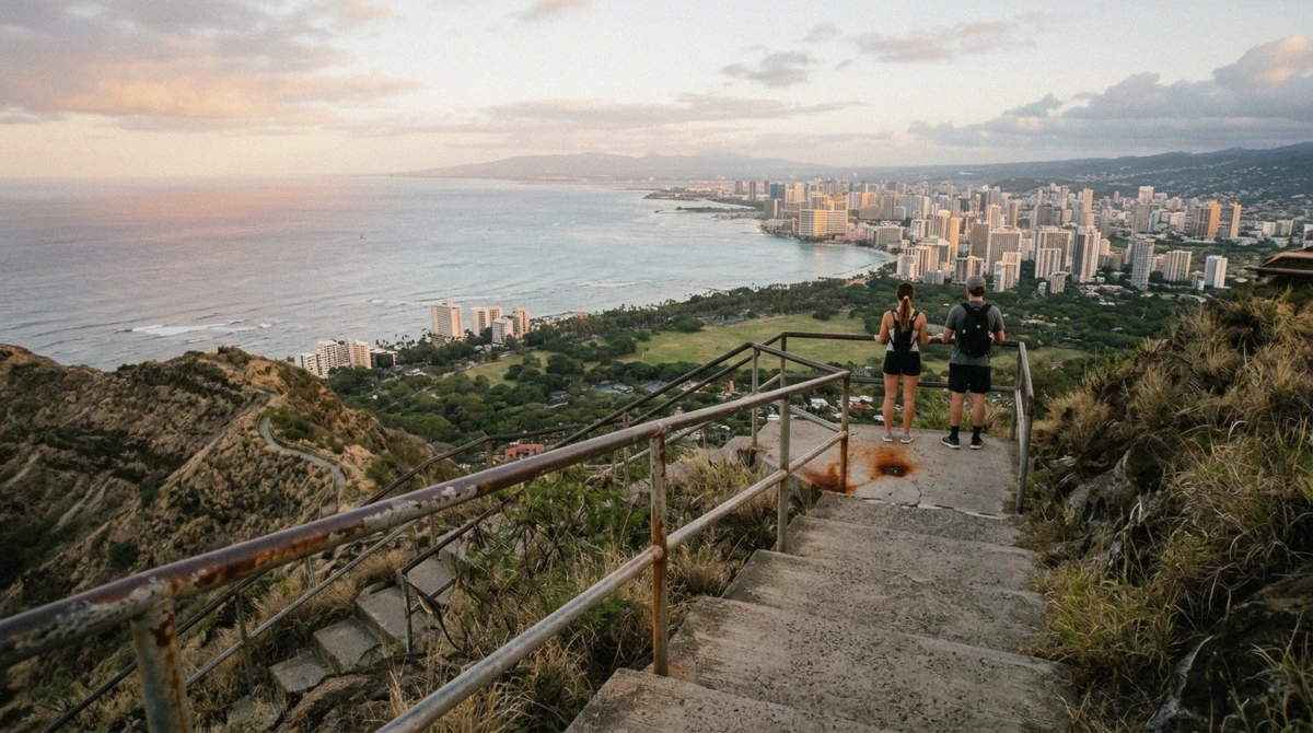 Sunrise from the Diamond Head summit lookout over Waikiki on an Oahu volcano tour crater hike, Hawaii