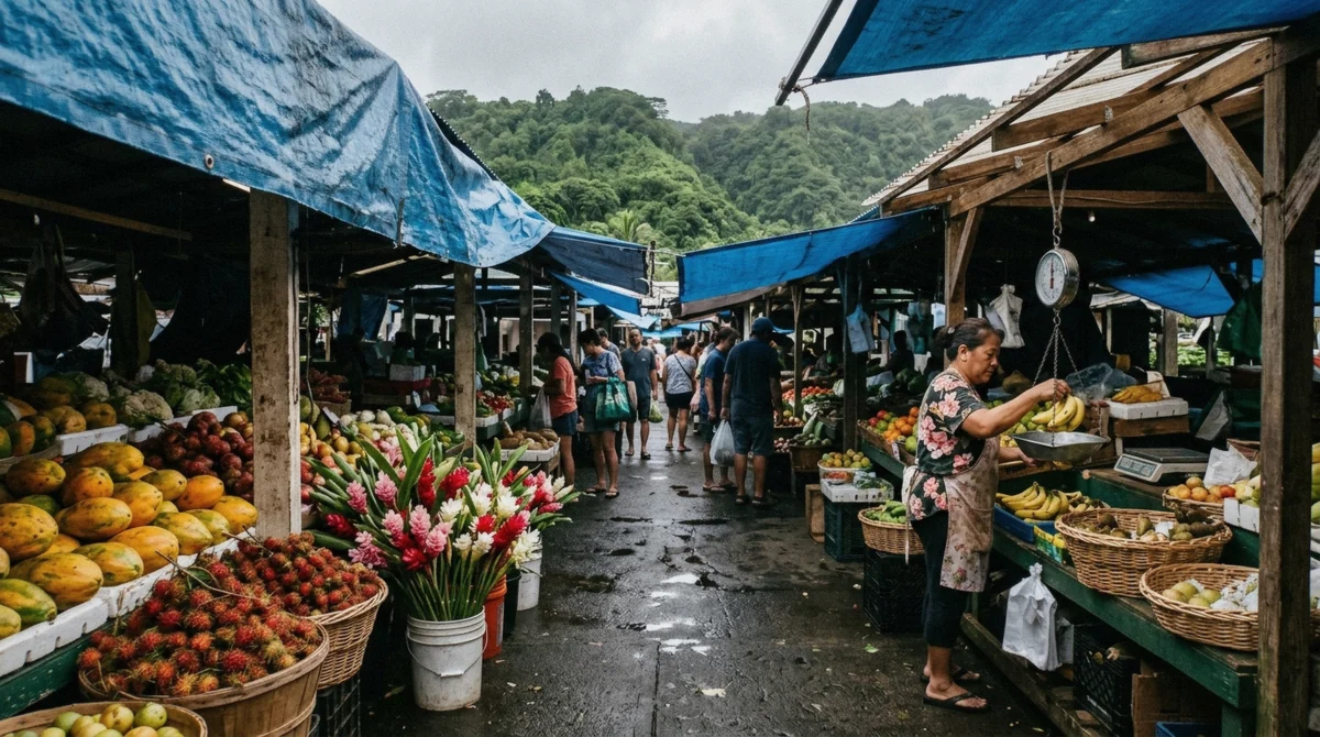 Fruit stalls at the Hilo farmers market, a lunch stop on an Oahu volcano tour day trip to Hawaii Volcanoes National Park