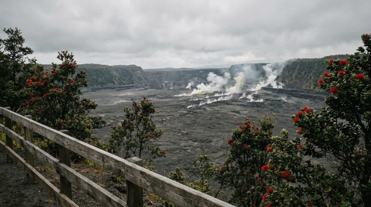 Steam rising from the Kilauea caldera in Hawaii Volcanoes National Park on an Oahu volcano tour day trip from Honolulu