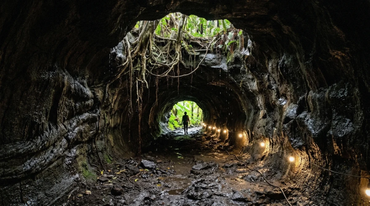 Inside the Nahuku lava tube in Hawaii Volcanoes National Park, visited on an Oahu volcano tour day trip, Hawaii