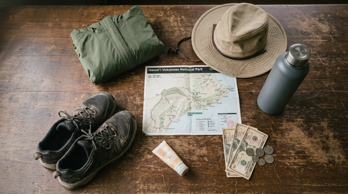 Shoes, rain shell, hat and water laid out for an Oahu volcano tour day on the crater trails, Hawaii