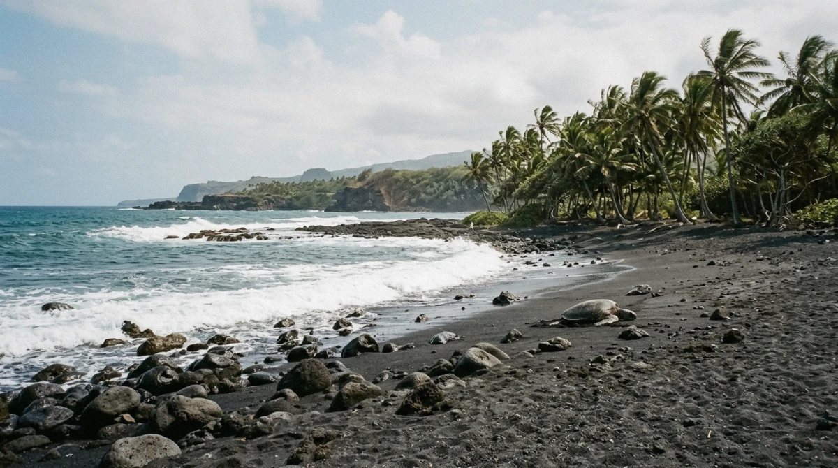 Punaluu black sand beach on the Big Island, a stop on an Oahu volcano tour day trip from Honolulu, Hawaii