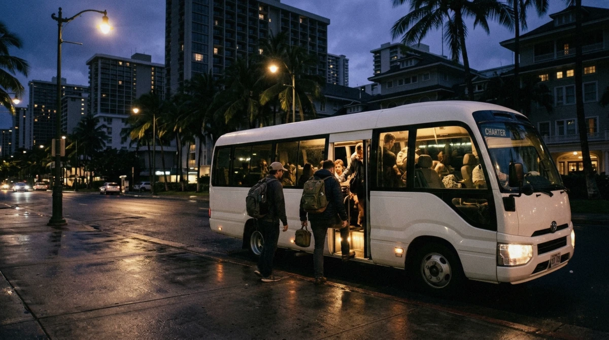 A tour minibus collecting travellers in Waikiki before dawn for an Oahu volcano tour day trip to the Big Island