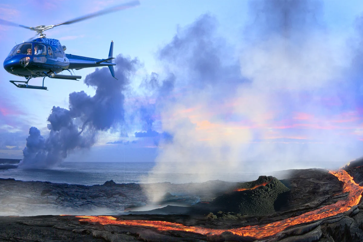 Blue Hawaiian helicopter flying low over Kīlauea lava fields at Hawaii Volcanoes National Park, Big Island