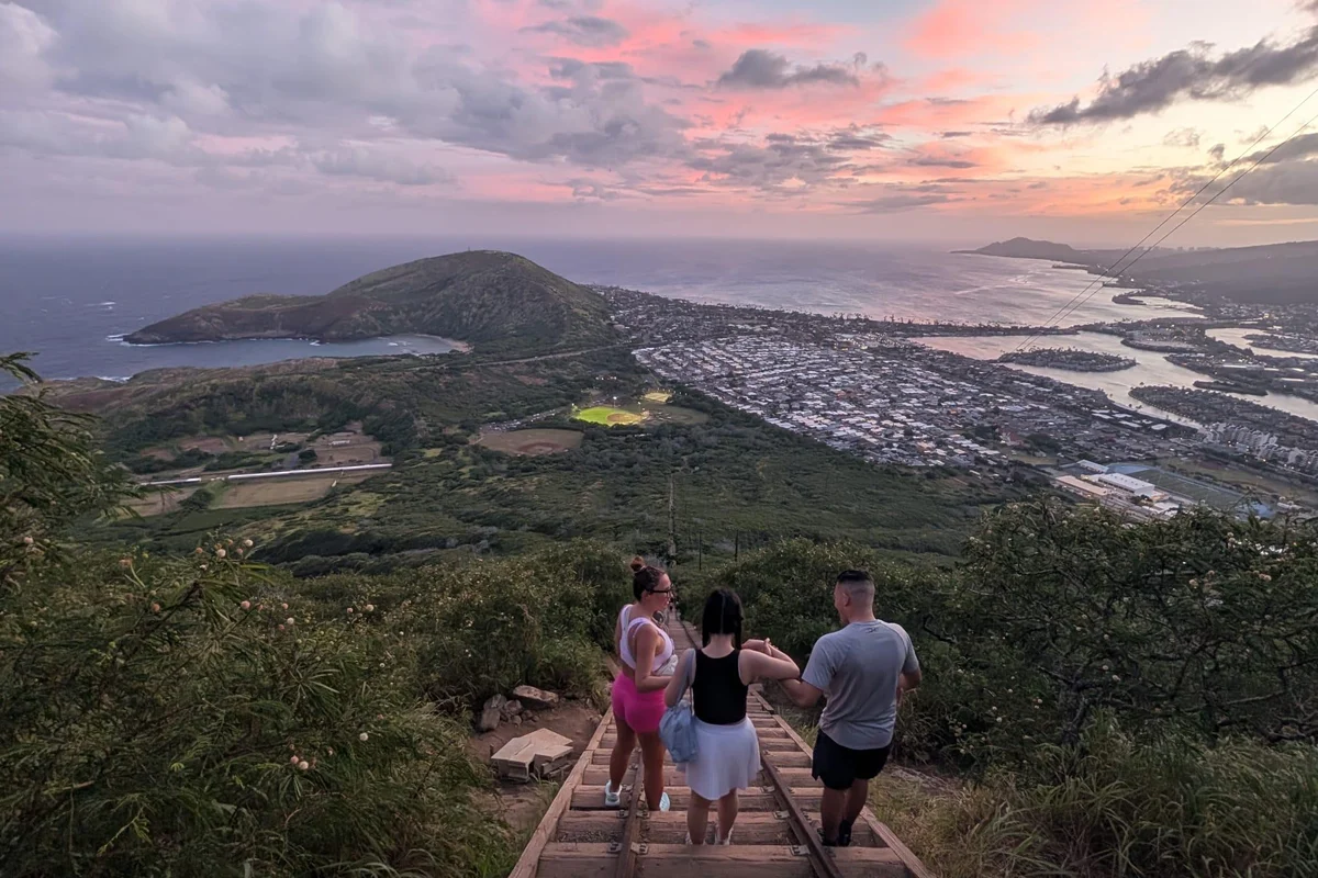 Panoramic view of Hanauma Bay and southeastern Oahu coastline seen from the 1,208-foot summit of Koko Crater